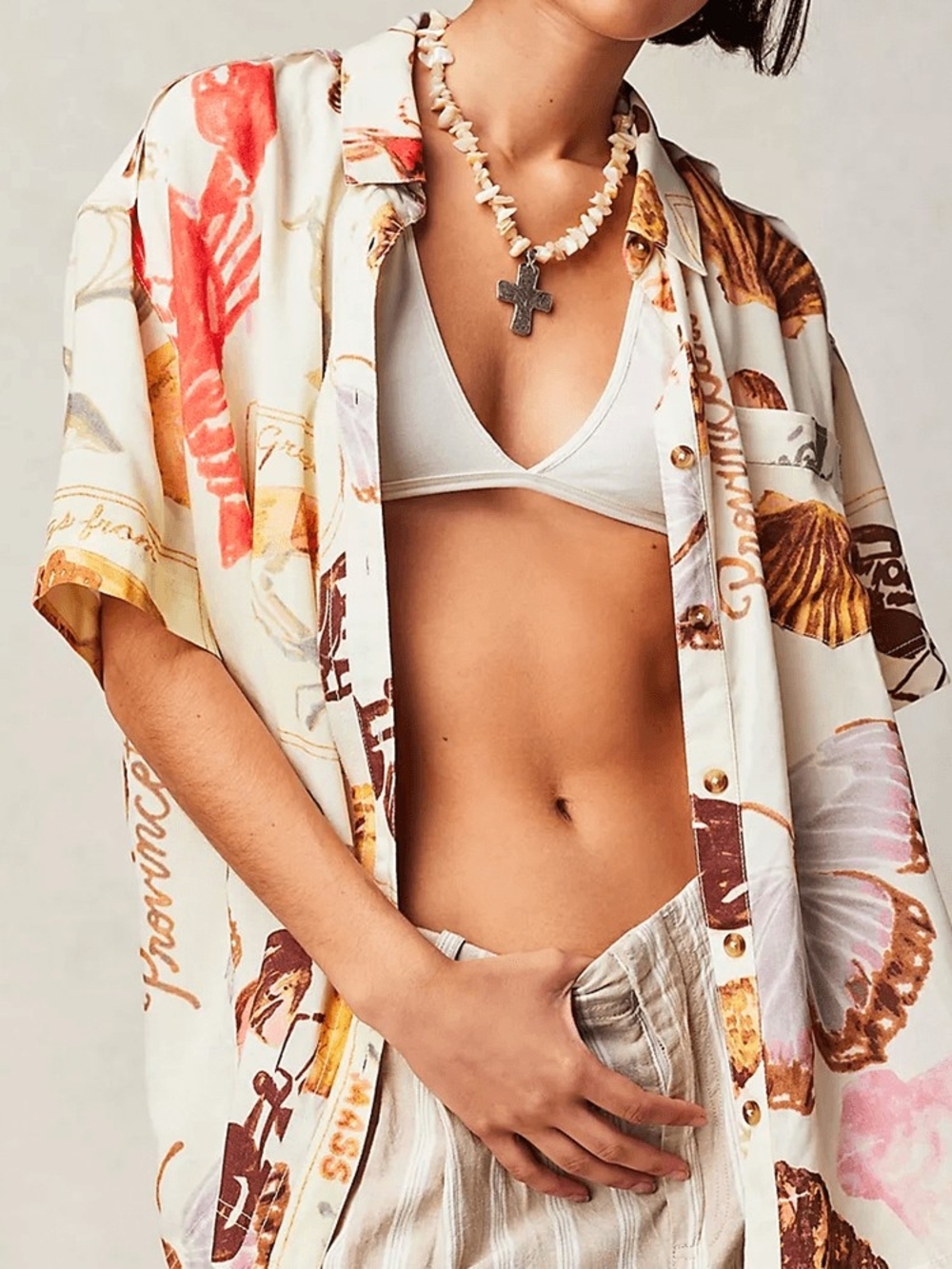 We The Free White Soft Short-Sleeve Button-Down with Coastal Print XS - Picture 5 of 15